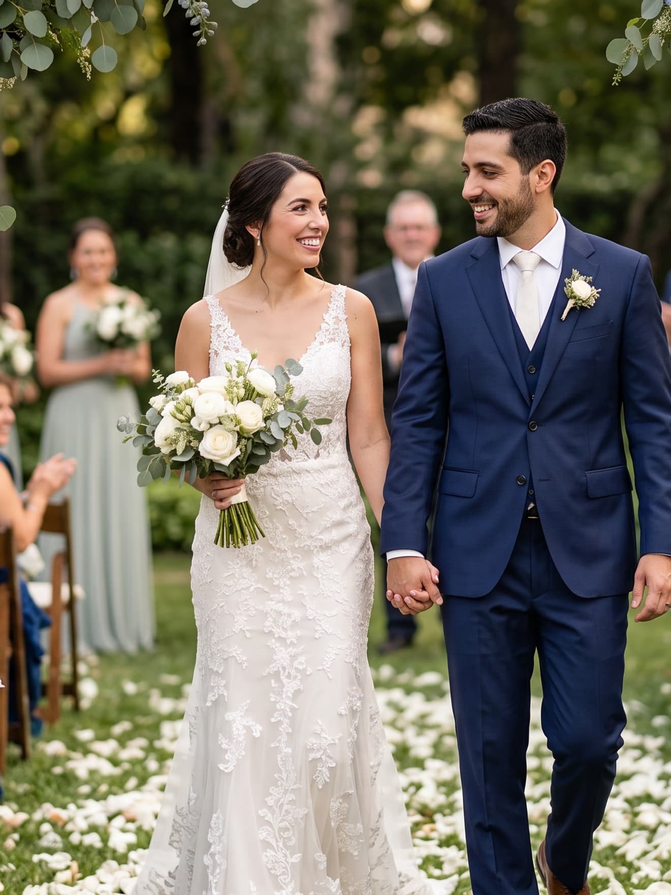 The couple leaving the floral arch