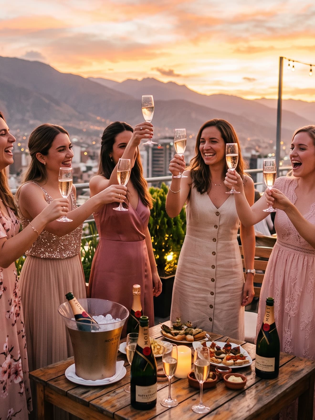 Friends toasting on a terrace at dusk