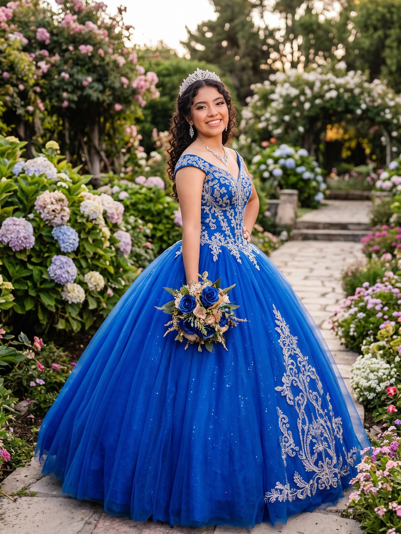 A quinceañera in a rose garden