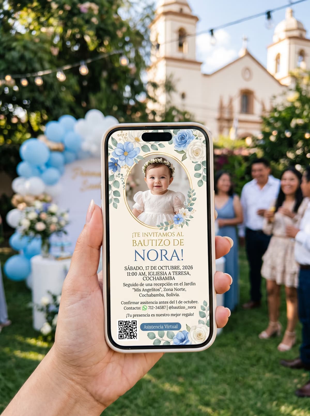 A christening invitation open on a phone during the party