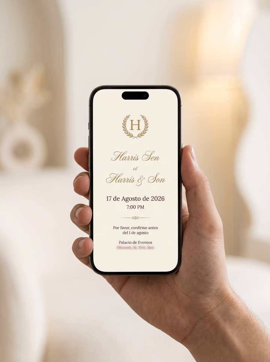 A wedding invitation open on a phone