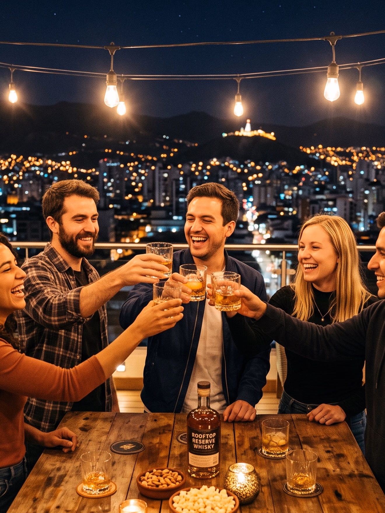 Amigos brindando en rooftop de noche