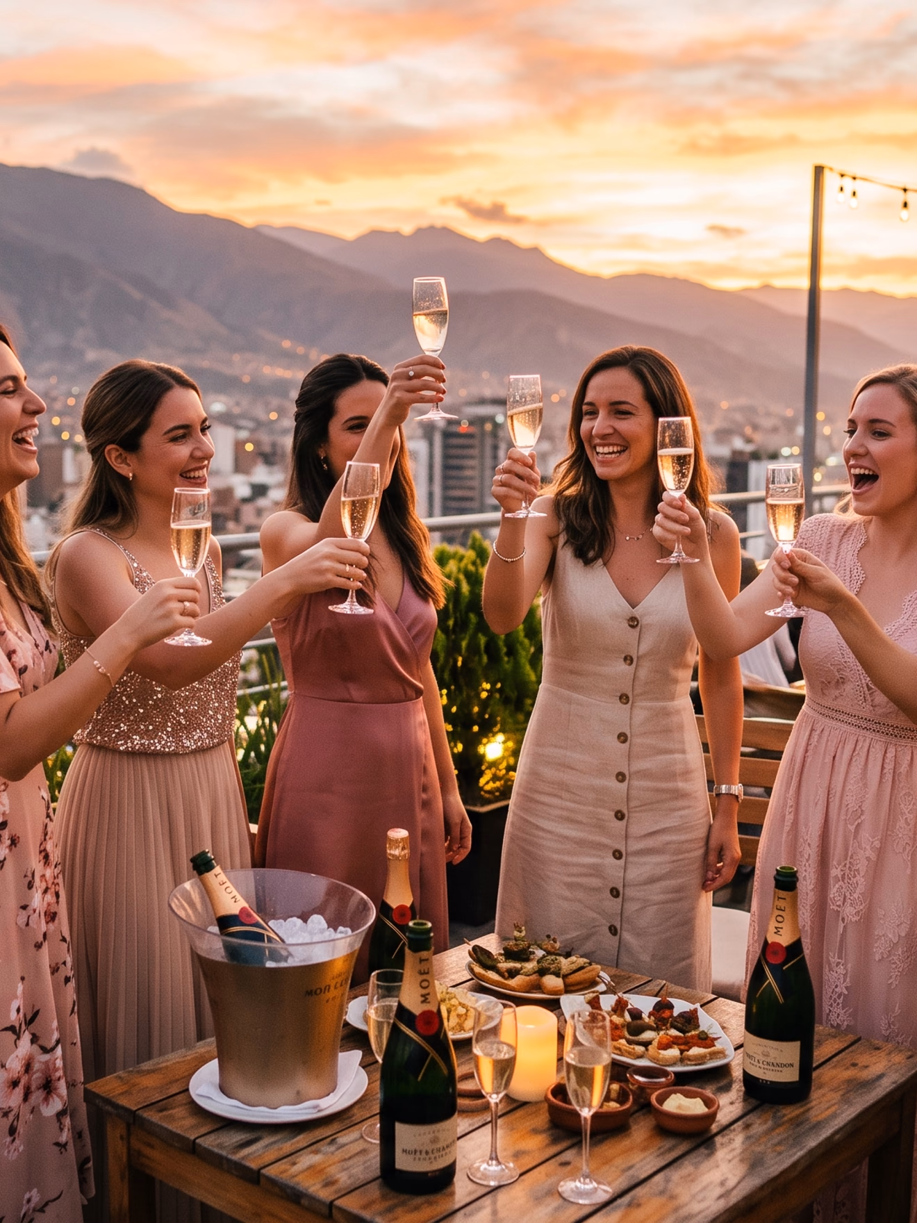 Amigas brindando en terraza al atardecer
