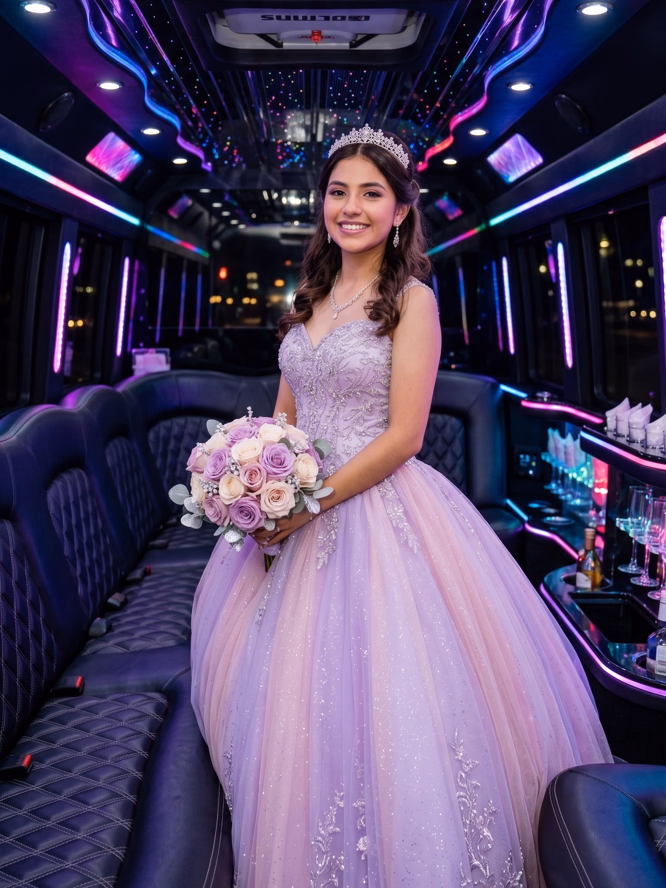 Quinceañera en limusina con luces