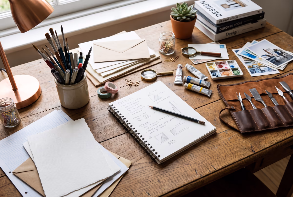 Escritorio del atelier con papel, pinceles y herramientas